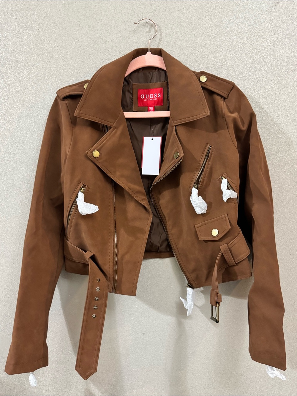 Guess Brown Cropped Leather Moto Jacket